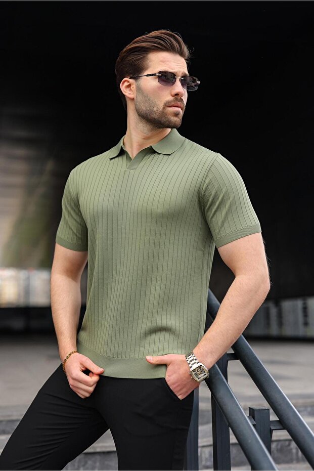 Khaki Polo Neck Knitwear Men's T-Shirt E7461