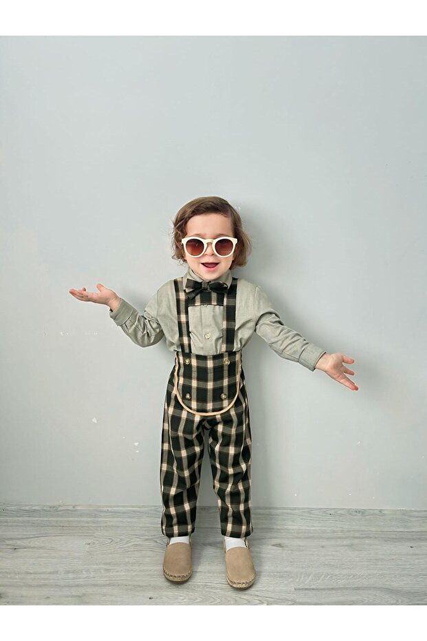 Boy's Plaid Salopet + Shirt + Bow Tie 3-Piece Stylish Set