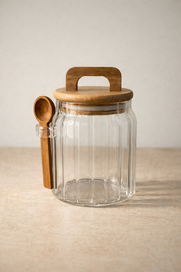 Acacia Jar with Spoon and Seal Lid, Line Pattern, 500ml Kw-1170