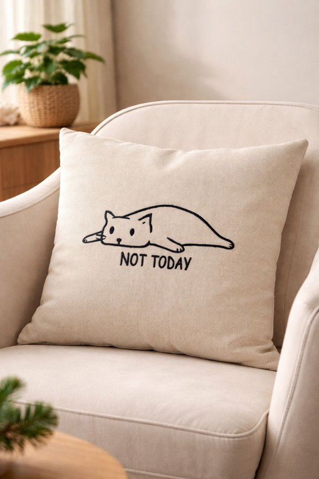 Not Today Cat Patterned Decorative Pillow – Linen Textured Stuffed Throw Pillow
