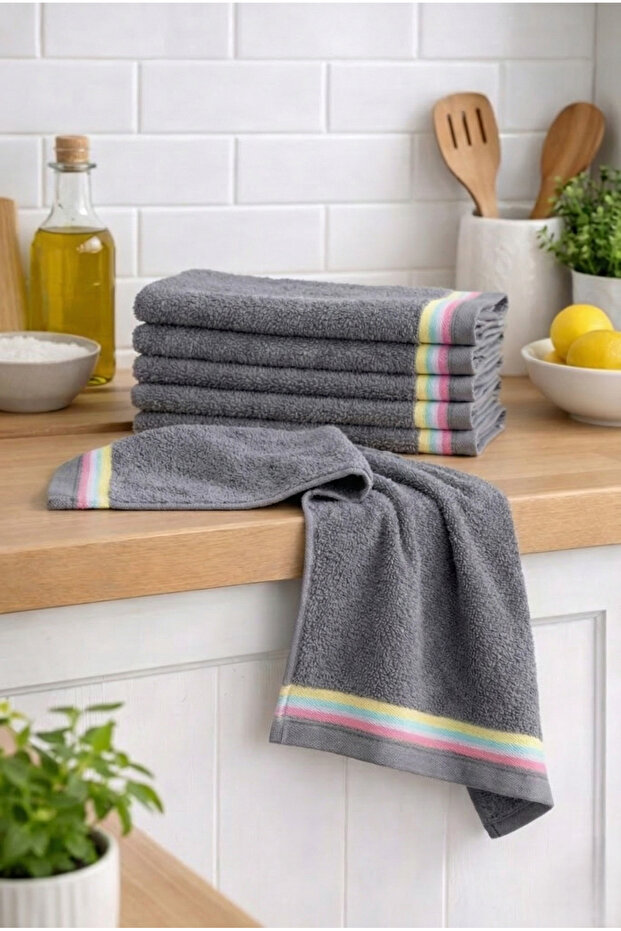 100% Cotton Gray 6-Piece Kitchen & Hand-Face Towel Set 30X50 cm