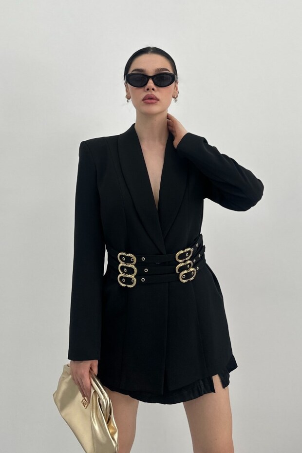 Women's Stylish Double-Breasted Lapel Padded Shoulders Gold Belt Detail Blazer Jacket