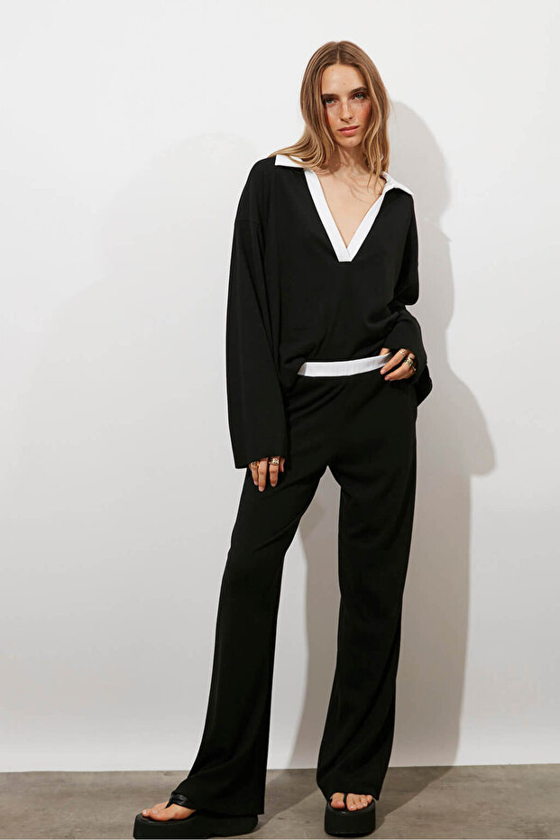 Kontrast Örme Pantolon - 1