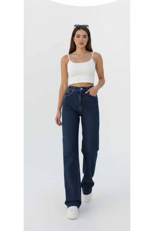 Meliora Stretch Fabric Casual Women's Navy Blue Super High Waist Wide Leg Denim Jeans