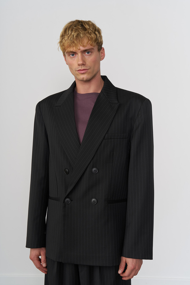 Wool Blend Striped Double-Breasted Jacket - 3