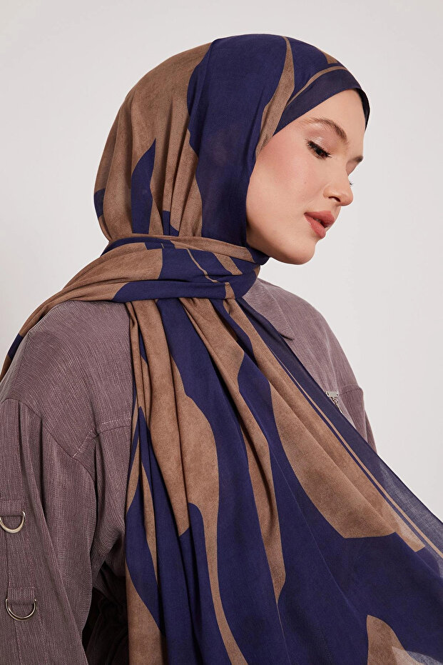 شال حريري منقوش - أزرق ليلي - 2