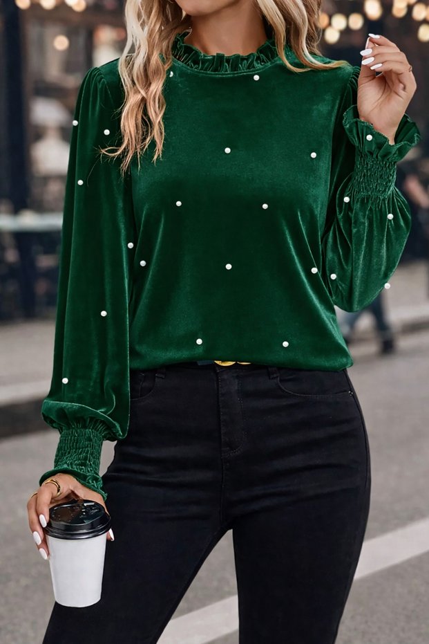 Emerald Green Pearl Detail Ruched Neck Long Sleeve Velvet Fabric Blouse