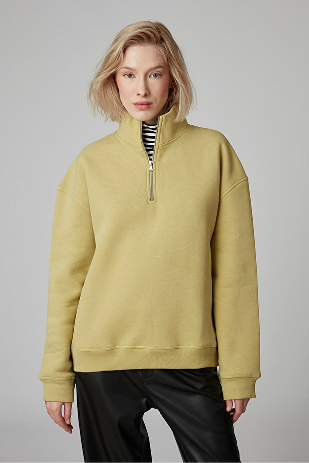 Fermuarlı Dik Yaka Oversize Sweatshirt - 2
