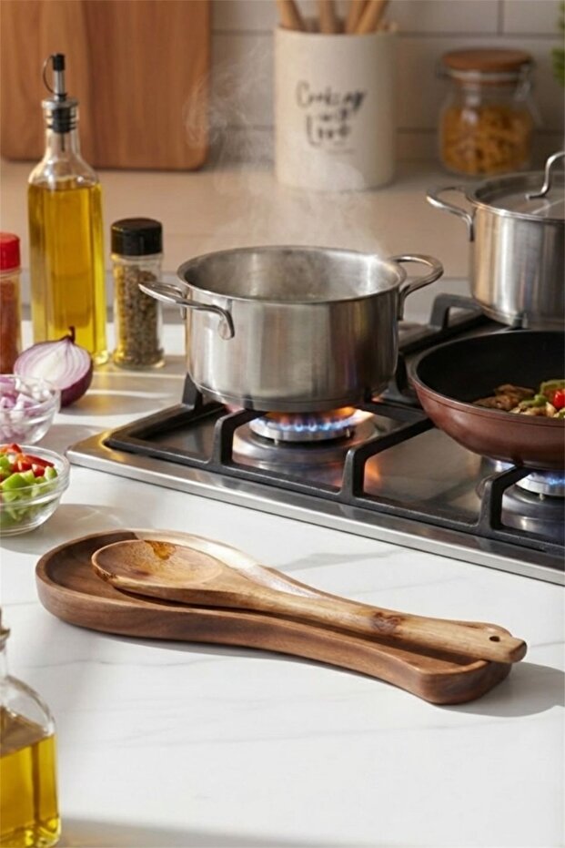 Favorite 2201 Acacia Wood Spoon Rest - Countertop Wooden Spoon Holder