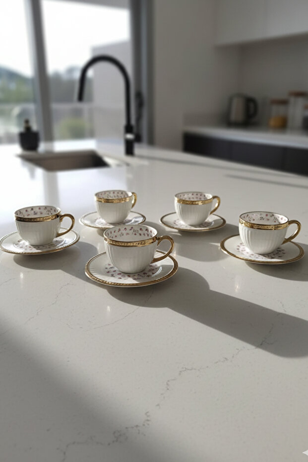 Florena Gold Gilded Embossed Porcelain Turkish Coffee Cup Set of 6 90 Cc-Pink/Purple