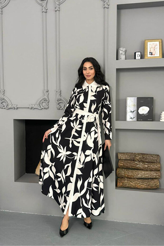 Women's Black and White Patterned Full Button Imported Fabric Belted Dress Nbms25106