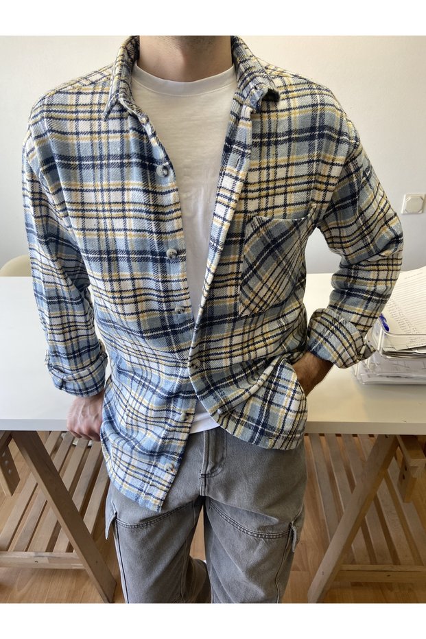 Blue-Yellow-Men's Slim Fit Double Pocket Lumberjack Shirt