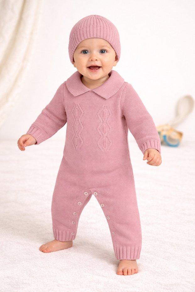 Baby Knitwear Jumpsuit Winter Soft Textured Buttoned Hat Baby Jumpsuit for Boys & Girls