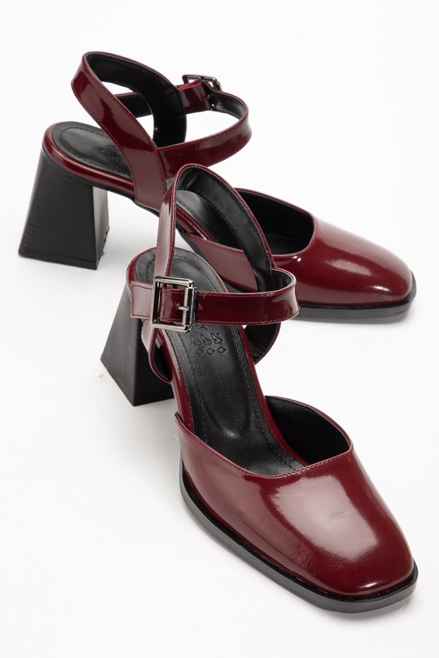 Women's Burgundy Patent Leather Square Toe Buckle New Season Block Heeled Shoes