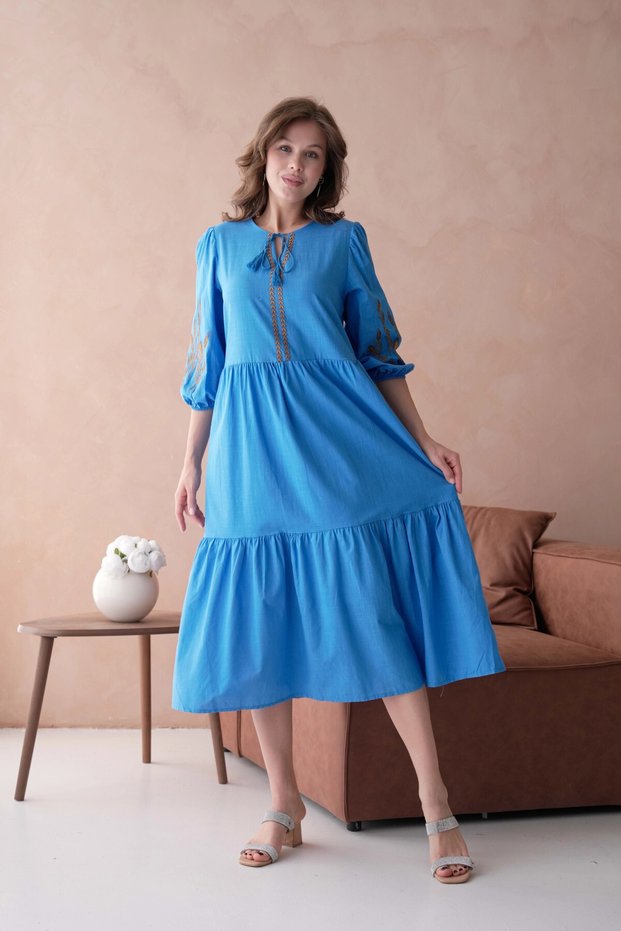 Women's Crew Neck Lined Embroidery Detail Flounce Woven Dress 23101