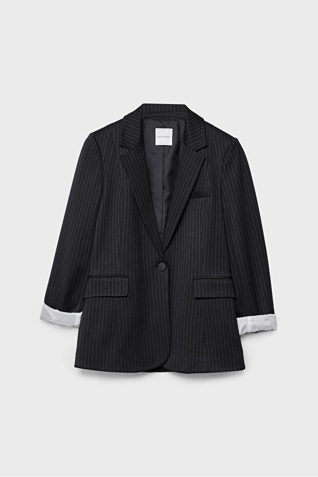Basic çizgili blazer ceket - 6