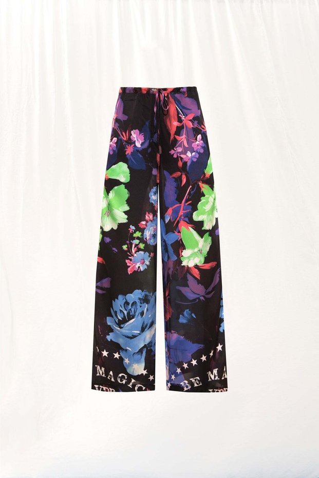 Black Floral Satin Trousers 17251