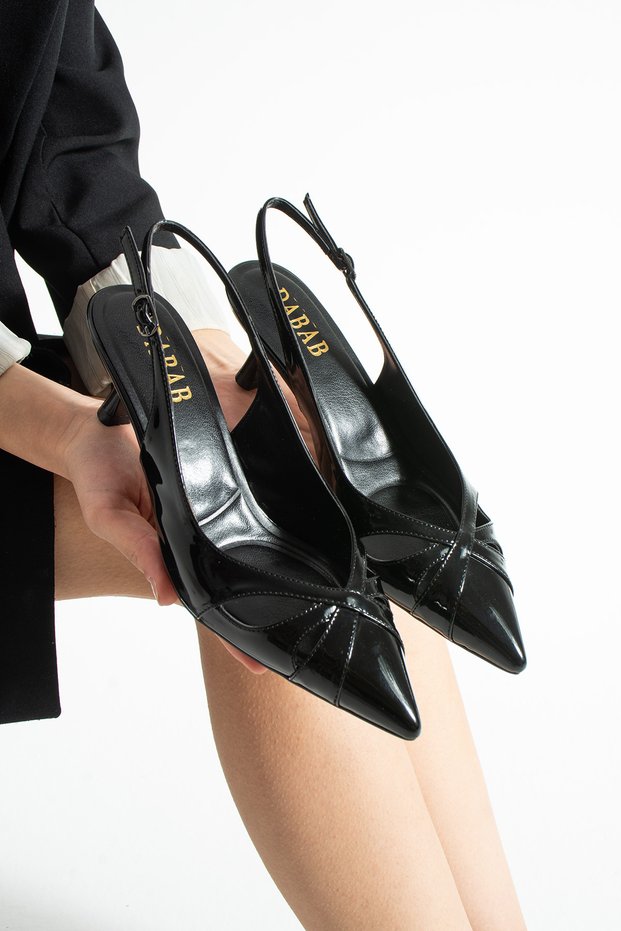 Sieny Women's Black 6 cm Heeled Open Back Buckle Pointed Toe Patent Leather Shoes