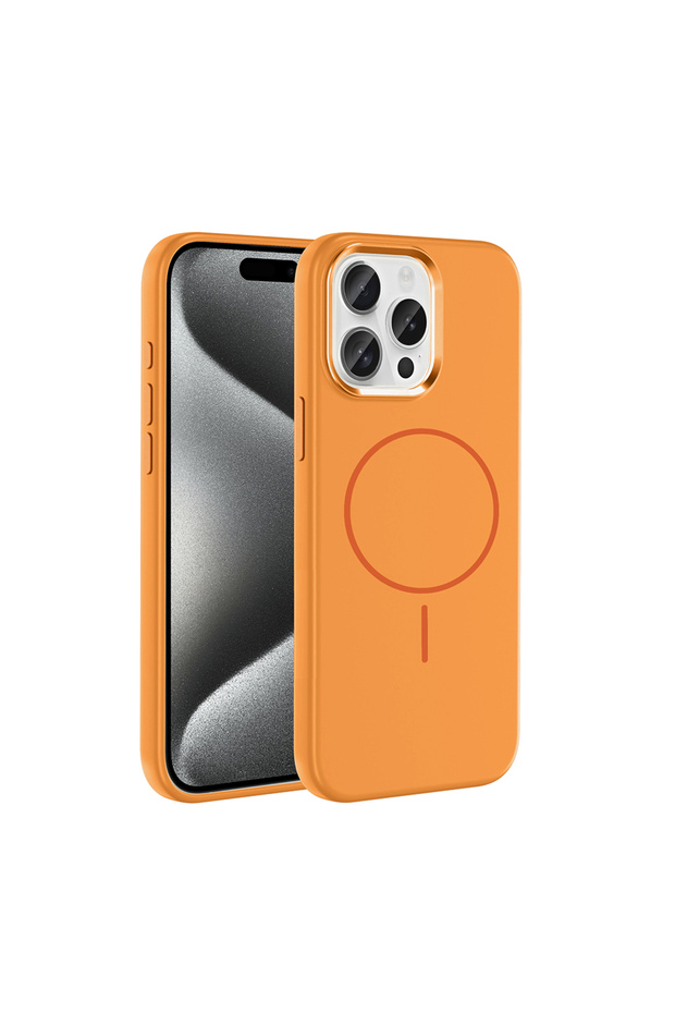 غطاء متوافق مع هاتف iPhone 15 Pro Max مع إطار معدني للكاميرا - برتقالي - T40642