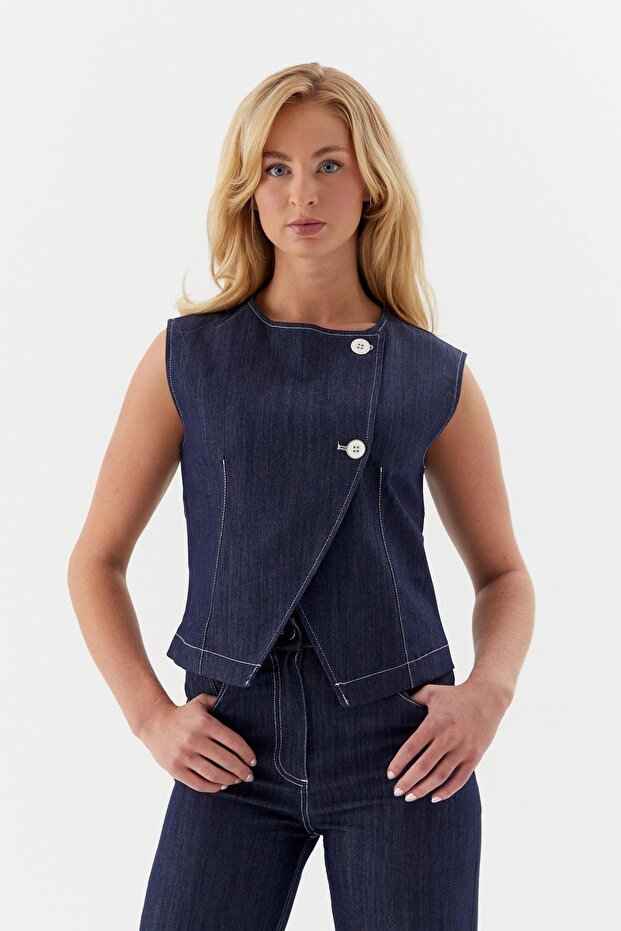 Slim Front Buttoned Vest Indigo