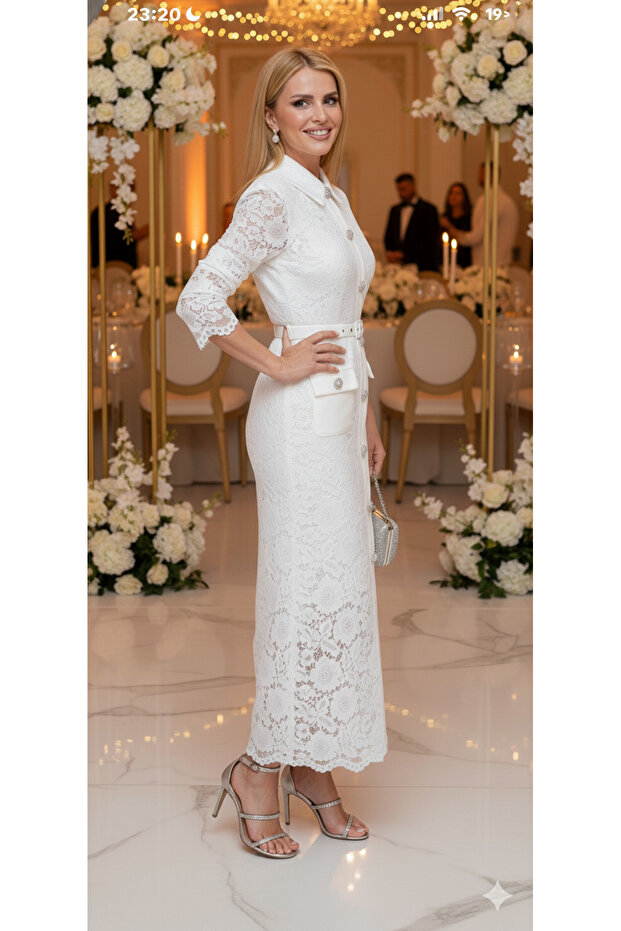 tasarımı beyaz dantel elbise - 2
