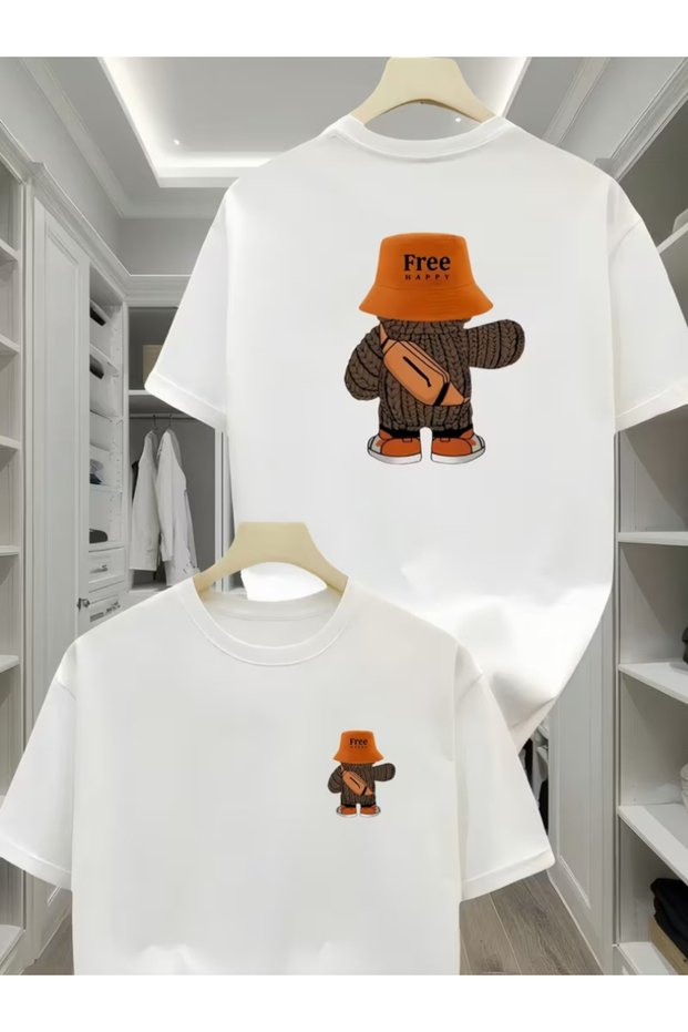 Unisex Free Happy Double Sided Character Printed Basic Crew Neck Regular T-Shirt