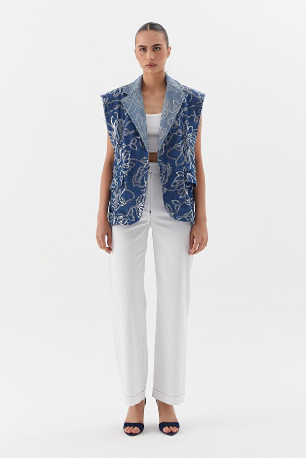 Oversized Sequin Embroidered Vest Indigo