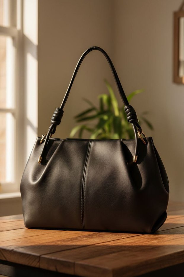 Ruched Detail Faux Leather Chen Medium Size Hand and Shoulder Bag Strap Knot Detail Size 35X20 cm