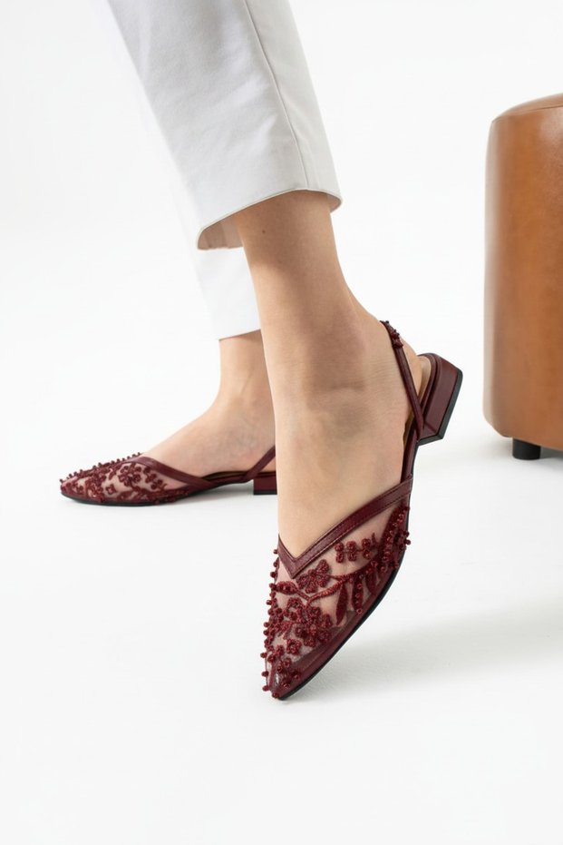 Stone and Embroidery Embroidered Women's Stylish Flat Sole Ballerinas