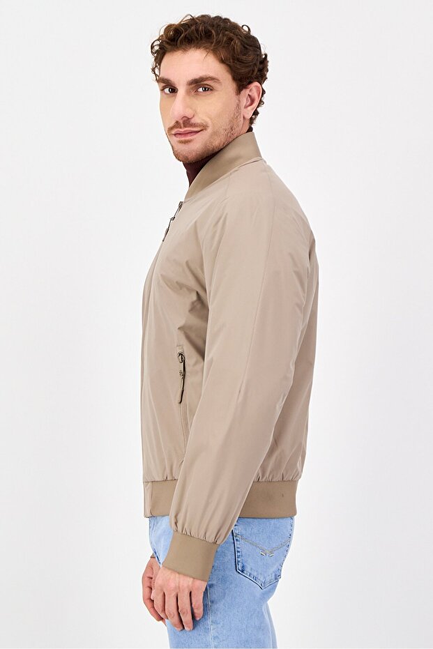 Men Solid Bomber Jacket, Khaki - 2