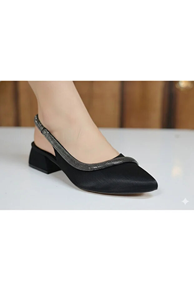 Stone Striped Short Heeled Casual Women's Classic Black Shoes
