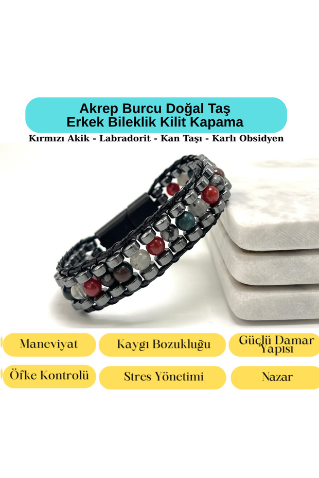 Certified Scorpio Zodiac Sign Disc Model Natural Stone Men's Bracelet with Magnetic Lock