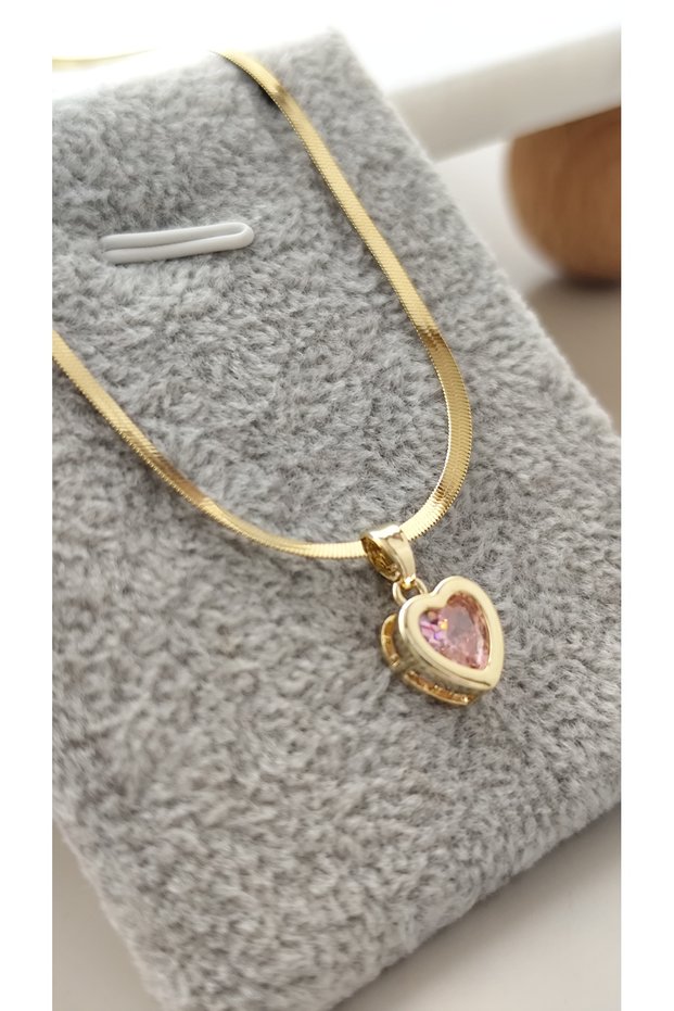 316L Steel Heart Inlaid Stone Model Gold Steel Non-Tarnish Necklace-45Cm