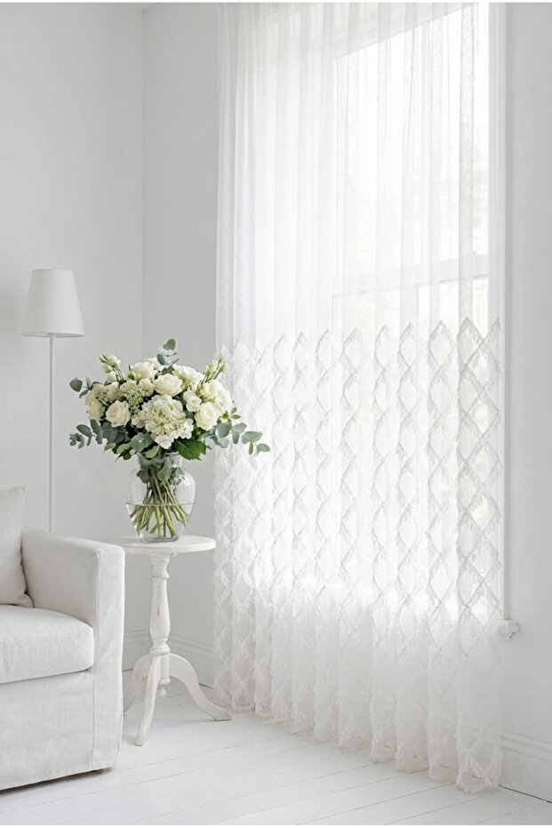 Bamboo Floor, Tulle Curtain with Skirt Tassels, Bamboo Natural Texture, 1 to 2 Sparse Pleats, Ecru