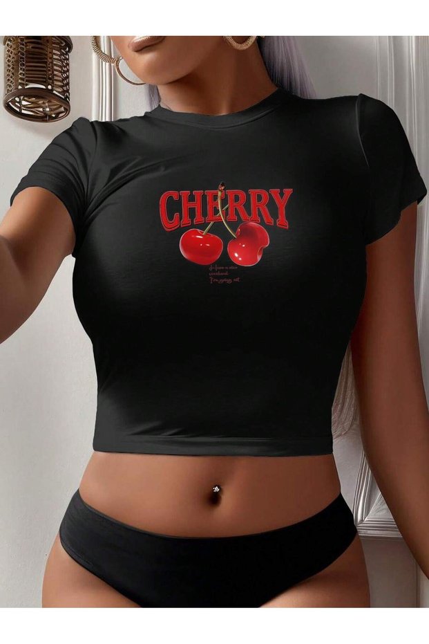 Women's Cherry Printed Crew Neck Baby Tee Crop Tshirt