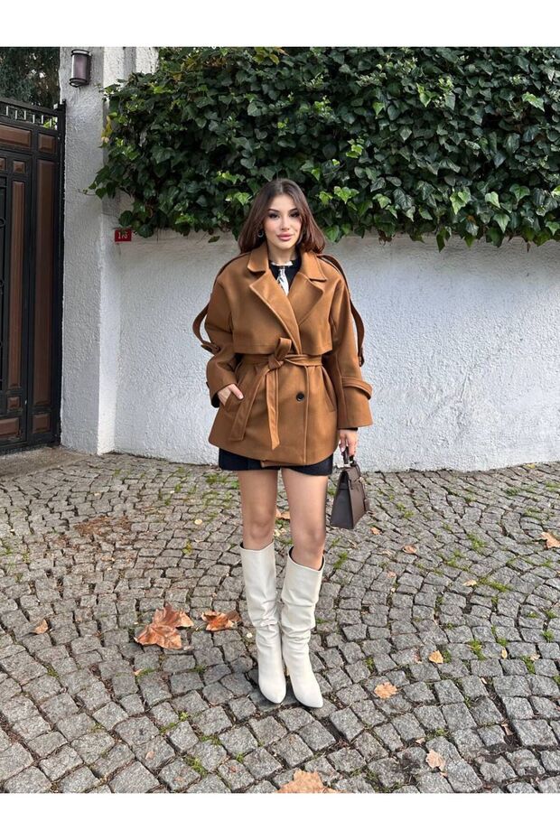 TREND SHORT BELTED WOMEN’S MELTON COAT / WINTER SHORT TRENCH COAT JACKET