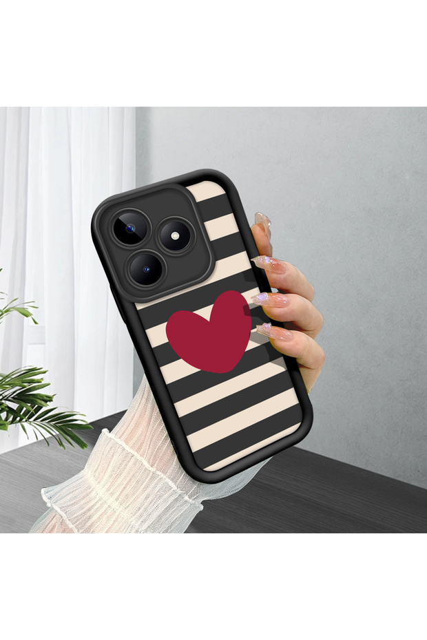 Realme Note 50 4g Compatible Black Silicone Heart Pattern Lens Protection Shock Absorbing Flexible Case