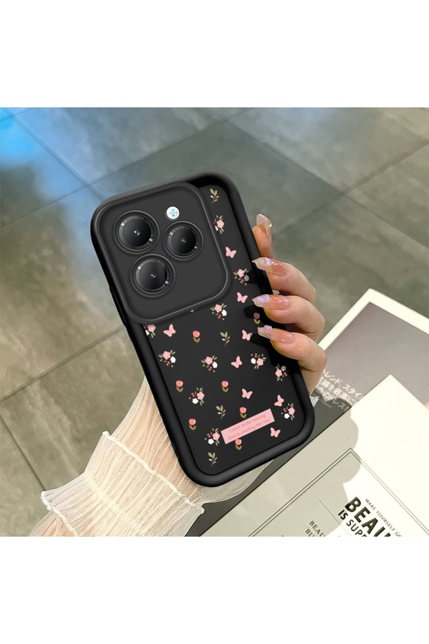Infinix Hot 40/40 Pro Compatible Black Silicone Lens Protection Shock Absorbing Flexible Case Butterfly Pattern
