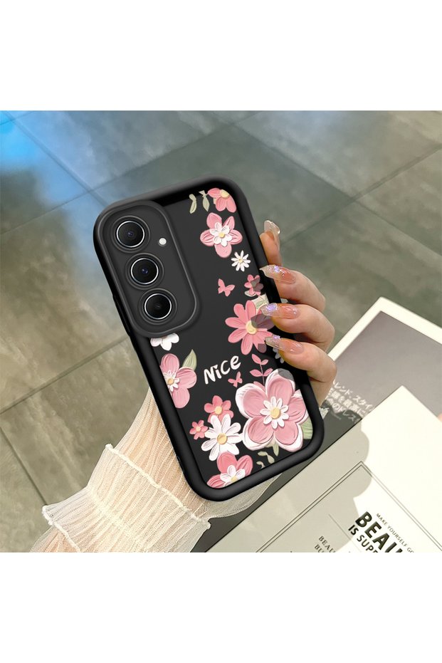 Samsung Galaxy A55 Compatible Black Silicone Lens Protection Shock Absorbing Flexible Case Floral Butterfly Pattern
