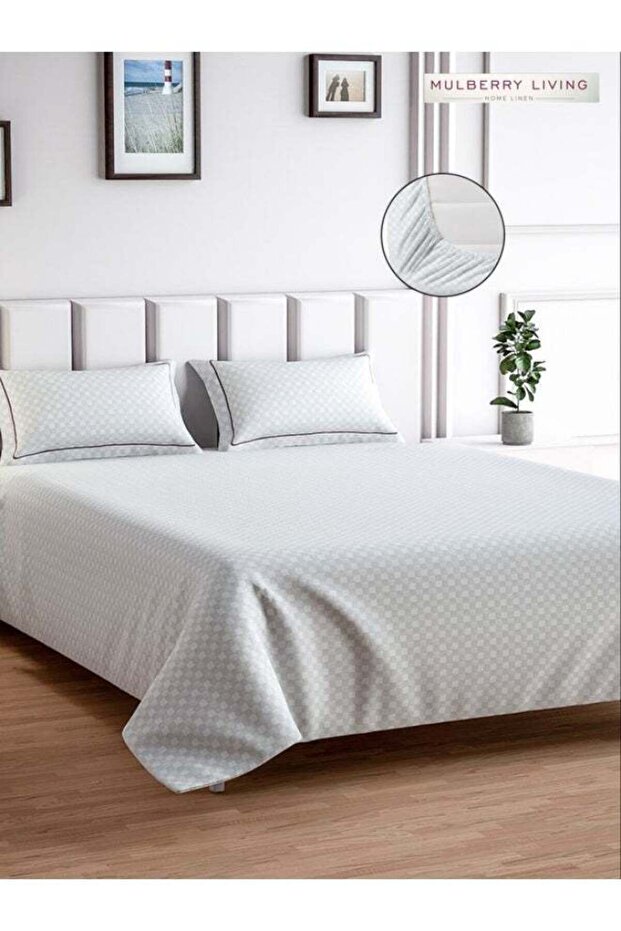 100% Cotton - 300Tc Urban Grid Queen Size Fitted Bedsheet