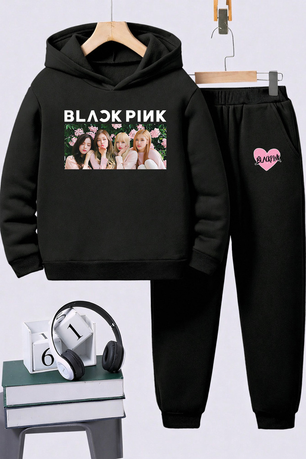 Black Pink Printed Children's Premium Sweatshirt Set 2-Piece Set Hoodie Bottom Top Set