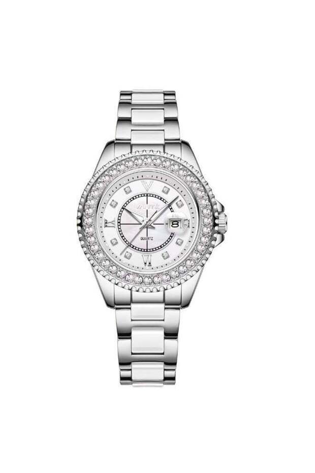 VANTÉ Series Elegant Crystal-Encrusted Silver Women’s Watch with Date Window