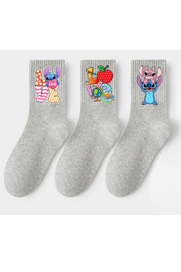 Stitch - Love - Cupcake - Mixed Patterns Printed Gray School Socks (Set of 3)