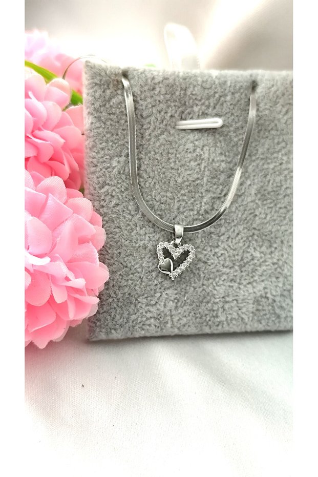 316L Steel Zircon Stone Heart Model Silver Steel Tarnish Resistant Necklace-45Cm