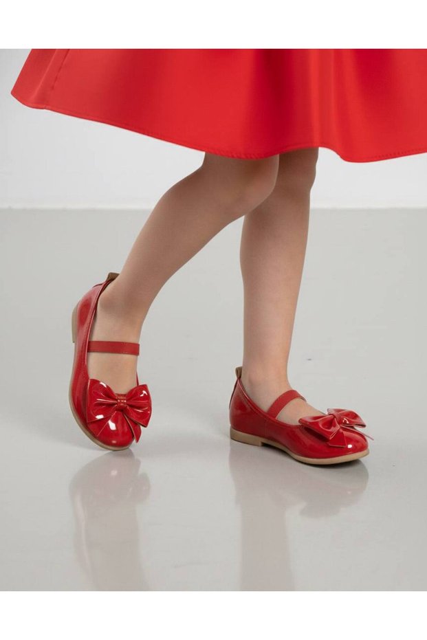 Girls' Red Ballet Flats with Bow and Rubber Detail on Orthopedic Padded Soles