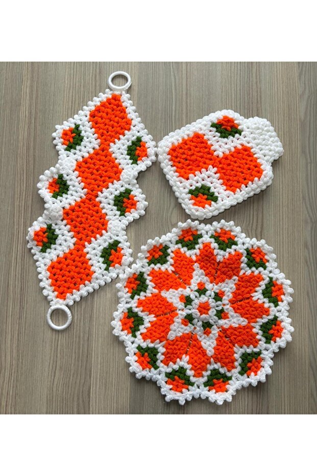 Hand Knitted Orange Snowflake 3-Piece Fiber Set