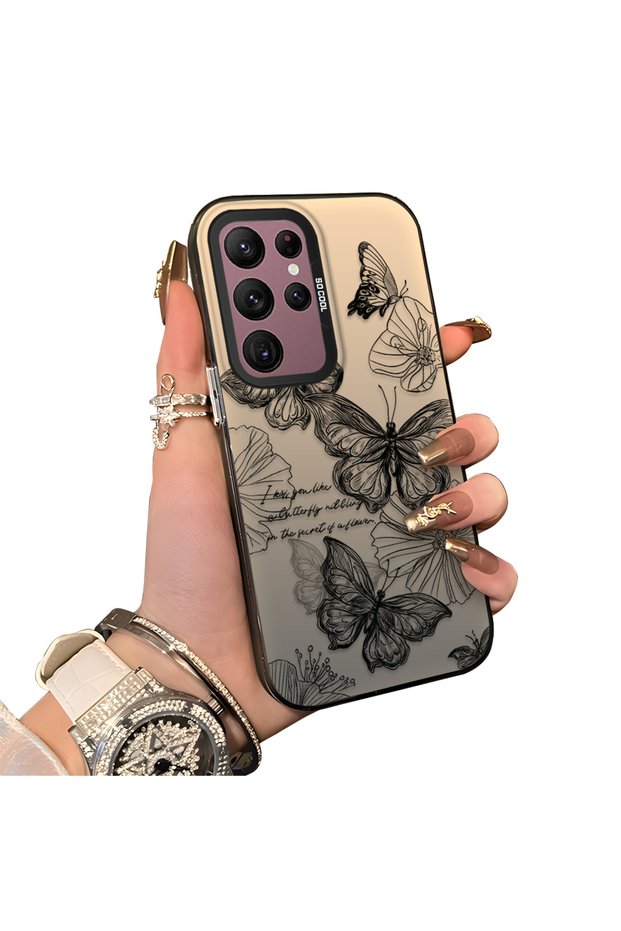 Samsung Galaxy S22 Ultra Compatible Colorful Silver Matte Glossy Surface Impact Protection Case Butterfly Pattern