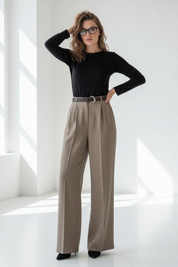 Khaki High Waist Pleated Belted Wide Leg Women's Pants Mg2615
