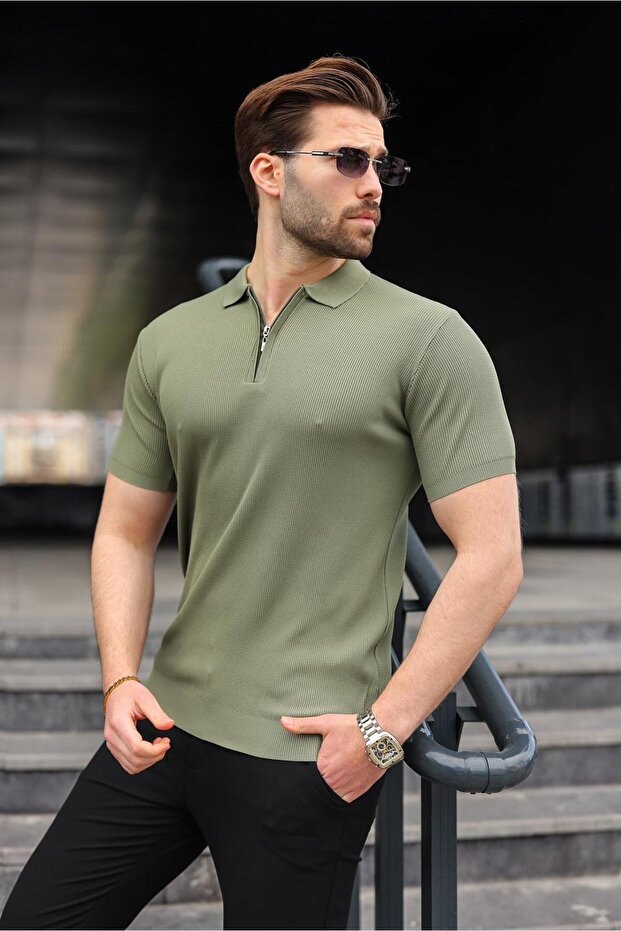 Khaki Half Zip Polo Neck Knitwear Men's T-Shirt E7459