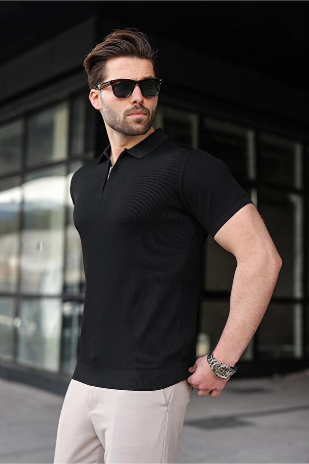 Black Half Zip Polo Neck Knitwear Men's T-Shirt E7459